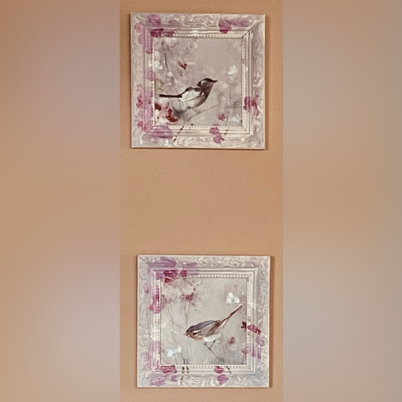NWT Two 9x9” Delightful Framed Bird Wall Art Paints- Mauve Pinks & Bright White - Picture 11 of 16